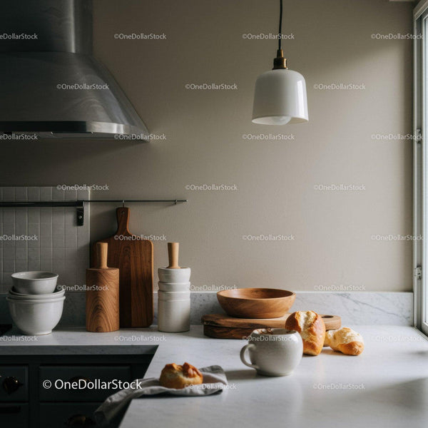 Modern kitchen with wooden cutting boards and freshly baked bread