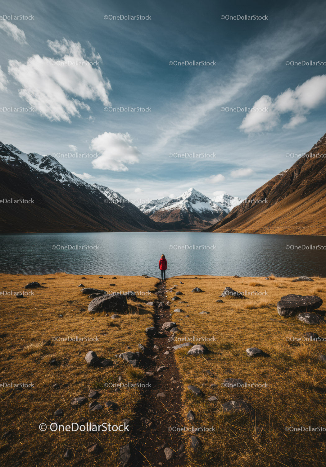 Scenic Mountain Lake with Snow-Capped Peaks and a Person in Red