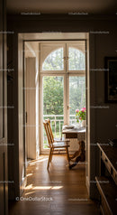 Cozy indoor space with large glass door to garden
