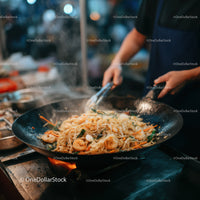 Stir-fried Noodles in a Street Market with Bustling Atmosphere