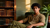 Young man relaxing in vintage library chair