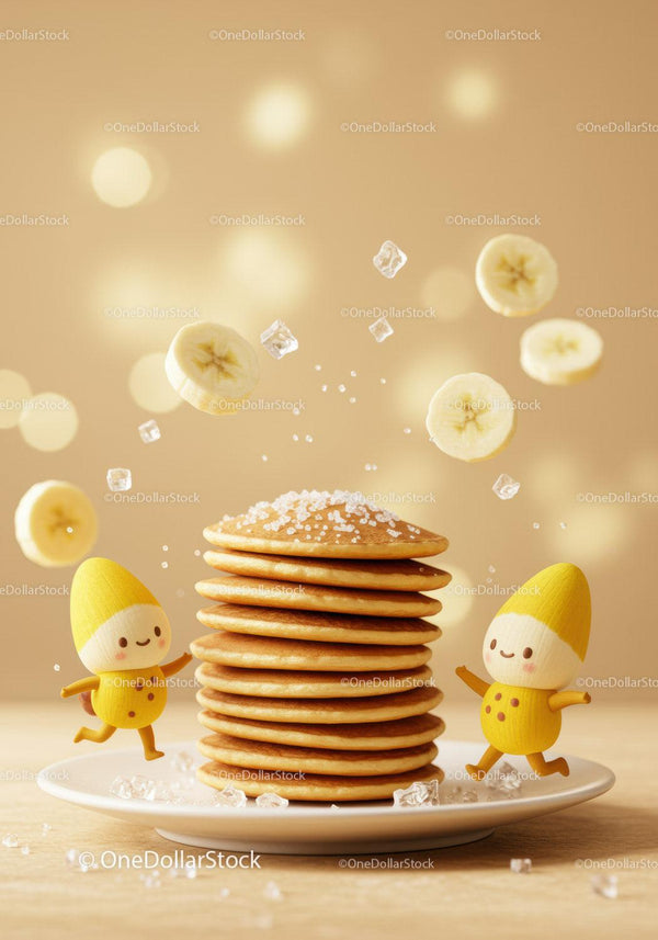 Stack of pancakes with banana slices and happy characters