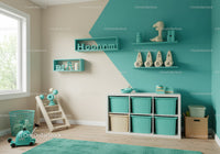 Modern Children's Room Decor with Teal Storage Bins and Playful Accessories