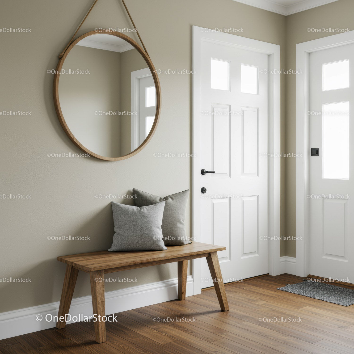 Bright Modern Entryway with Wooden Bench and Round Mirror