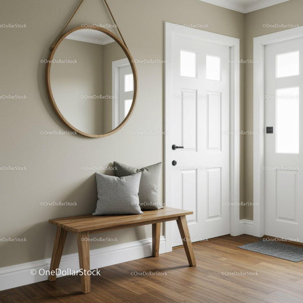 Bright Modern Entryway with Wooden Bench and Round Mirror