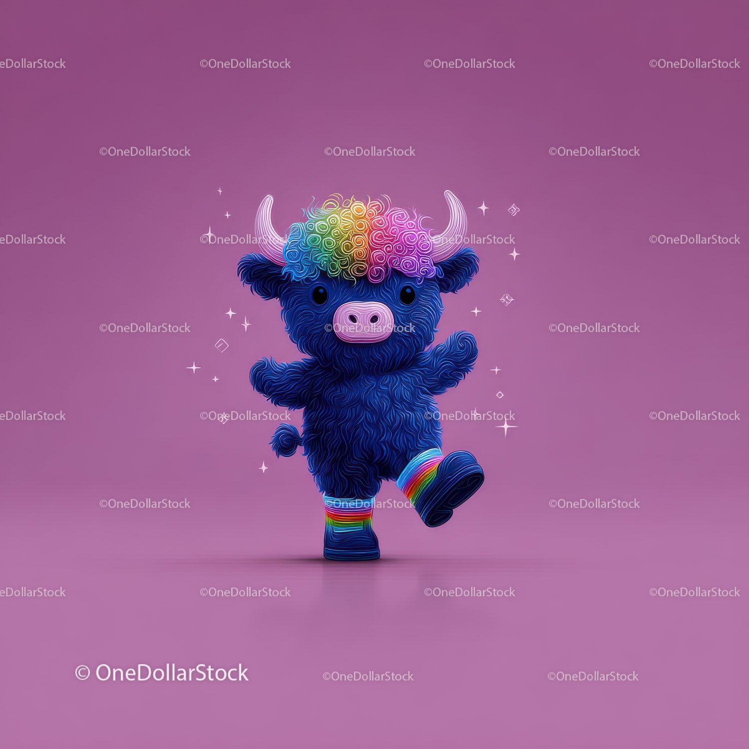 Colorful Furry Mascot with Rainbow Horns Wearing Boots and Smiling