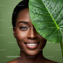Portrait of Smiling Woman with Water Droplets and Tropical Leaf