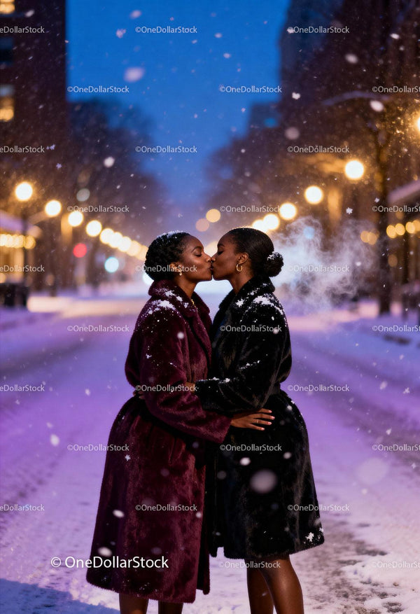 Couple sharing a tender kiss on a snowy city street