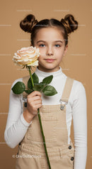 Young Girl Holding Cream-colored Rose with Overalls in Studio