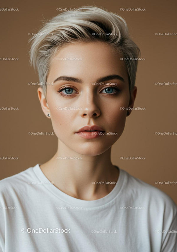 Elegant Portrait of a Young Woman with Short Blonde Hair and Blue Eyes