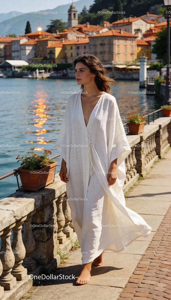 Woman in White Dress Walking Along Lakeside Promenade