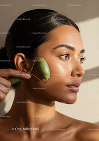 Woman Using Jade Roller for Face Skin Rejuvenation and Glow