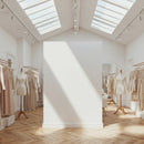 Minimalist boutique with natural light and neutral dresses