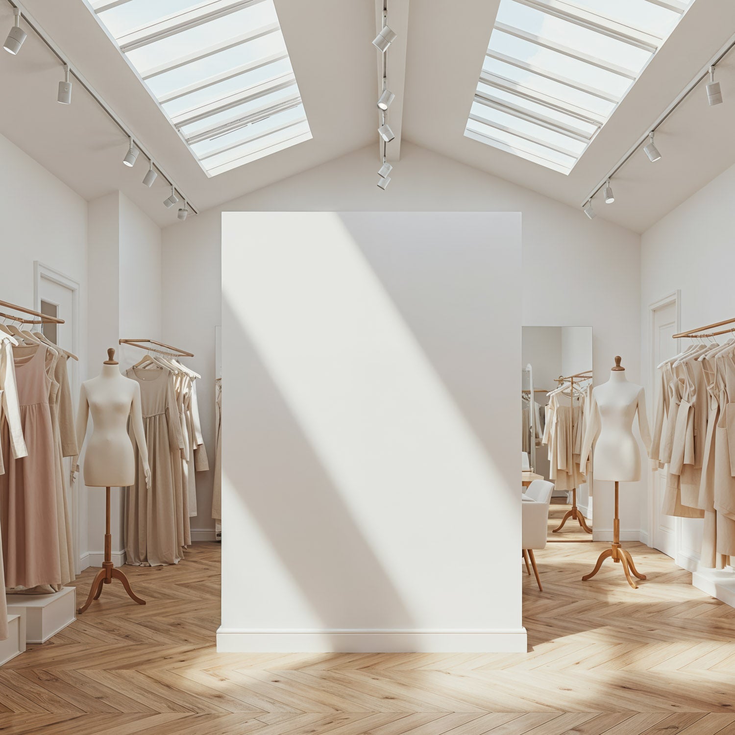 Minimalist boutique with natural light and neutral dresses