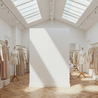 Minimalist boutique with natural light and neutral dresses