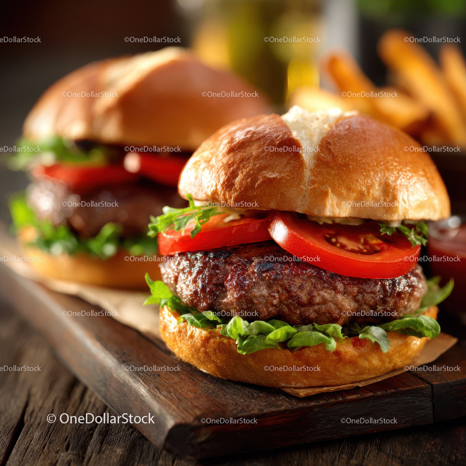 Soczysty burger wołowy z pomidorami, sałatą i tostowanymi bułkami