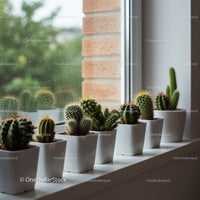 Variety of Potted Cacti and Succulents on Windowsill