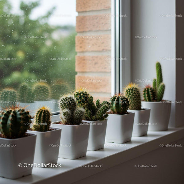Variety of Potted Cacti and Succulents on Windowsill