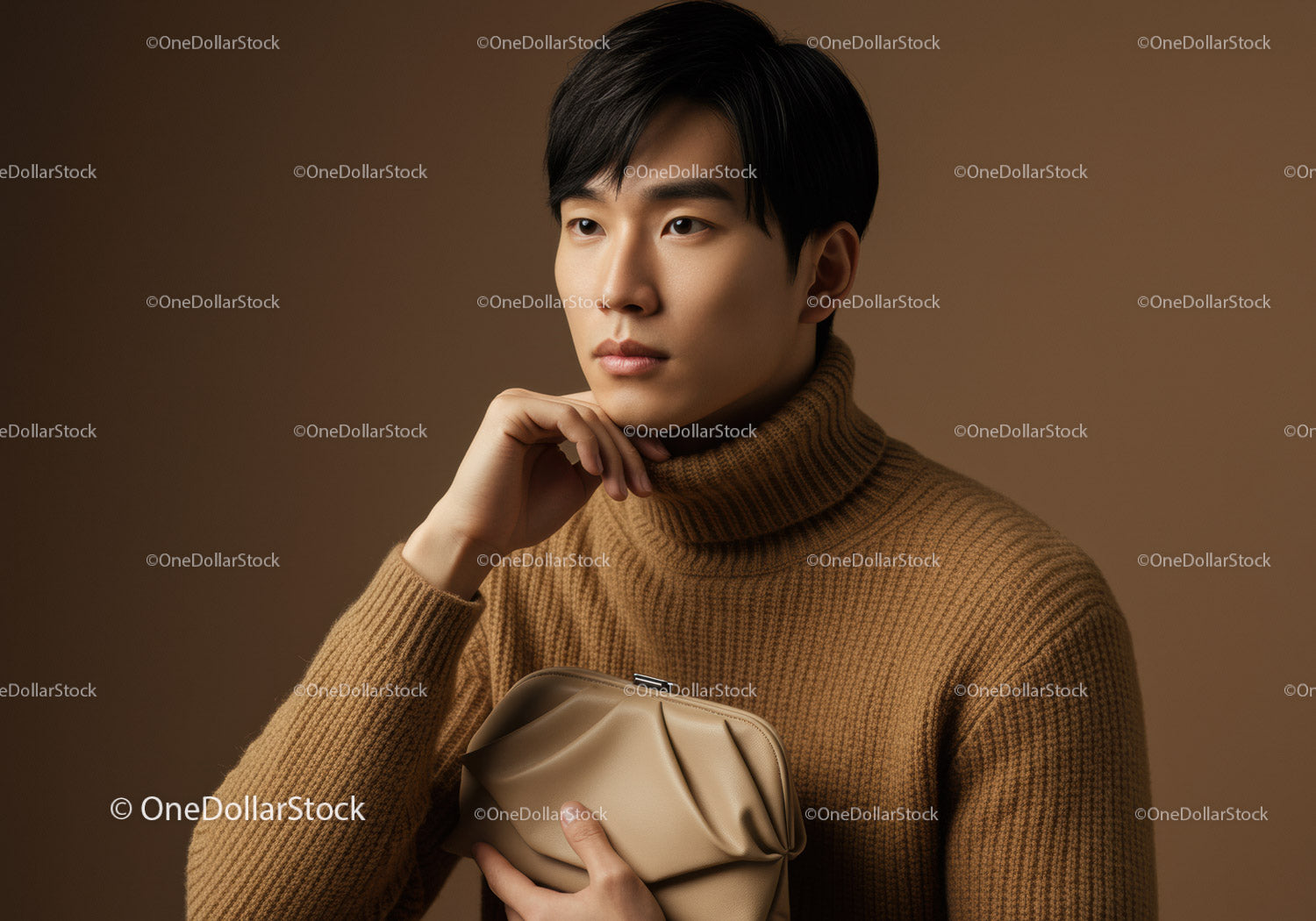 Stylish Young Man in Brown Turtleneck with Fashionable Bag in Studio