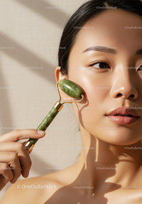 Young Woman Using Jade Roller for Facial Massage in Skincare Routine