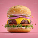 Juicy Cheeseburger with Melty Cheese and Fresh Vegetables on Pink Background