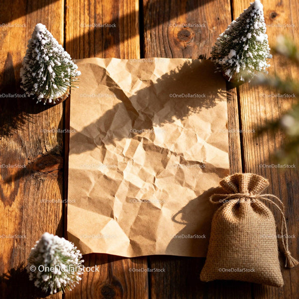 Rustic Wooden Table with Snowy Mini Christmas Trees