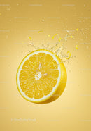 Fresh Lemon Half Splashing in Water on Yellow Background