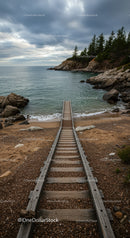 Rustic wooden tracks leading to peaceful rocky beach