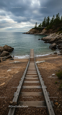 Rustic wooden tracks leading to peaceful rocky beach