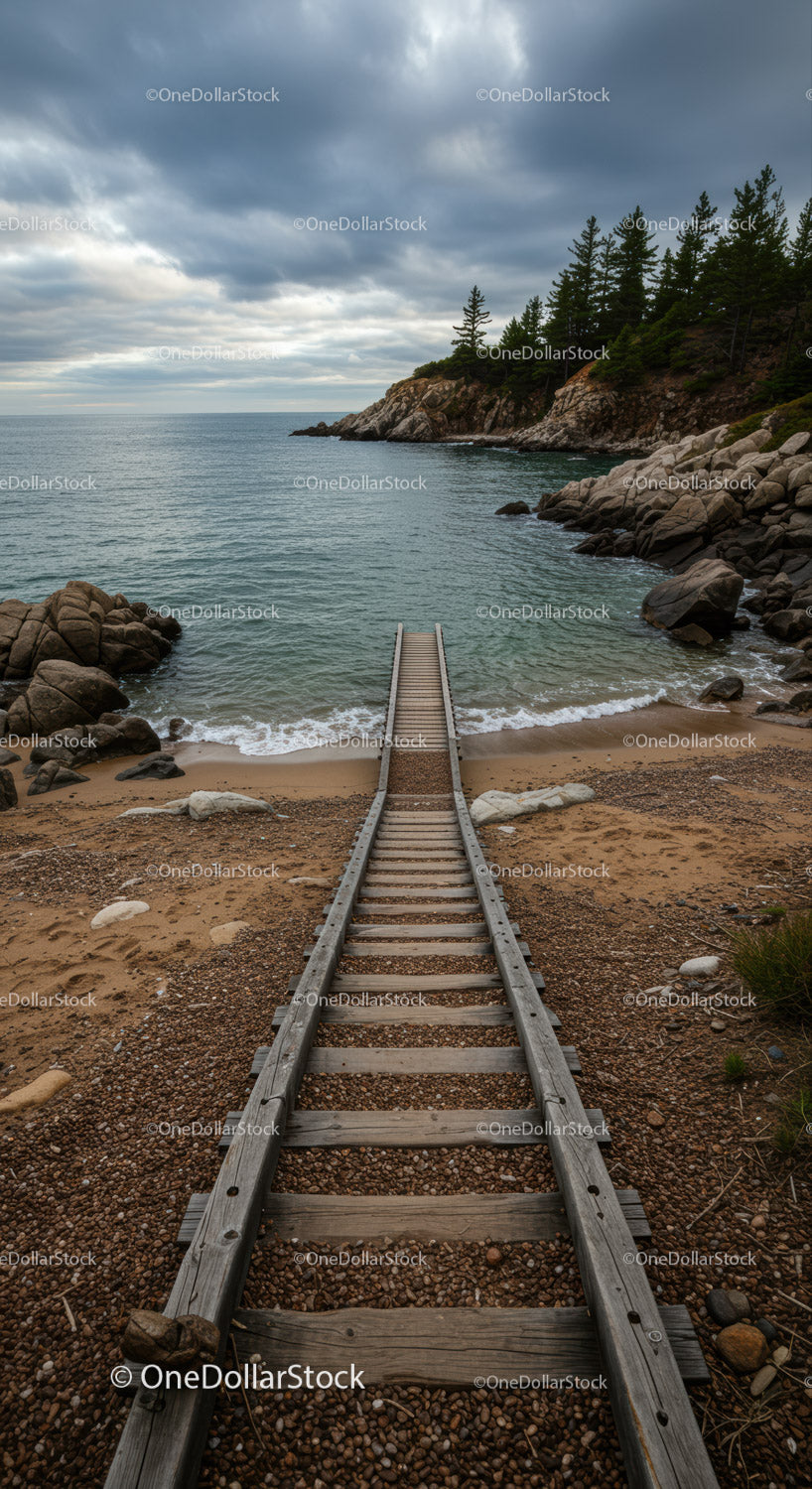 Rustic wooden tracks leading to peaceful rocky beach