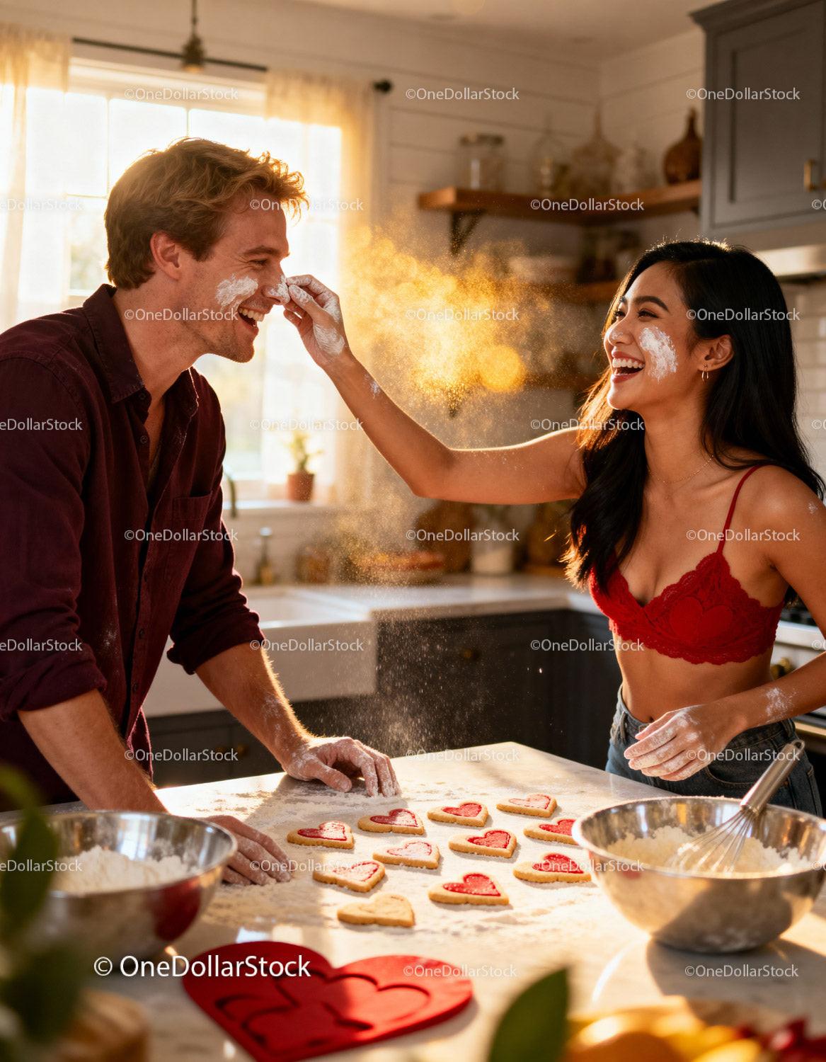 Young Couple Playfully Baking Heart-Shaped Cookies