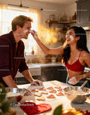 Young Couple Playfully Baking Heart-Shaped Cookies