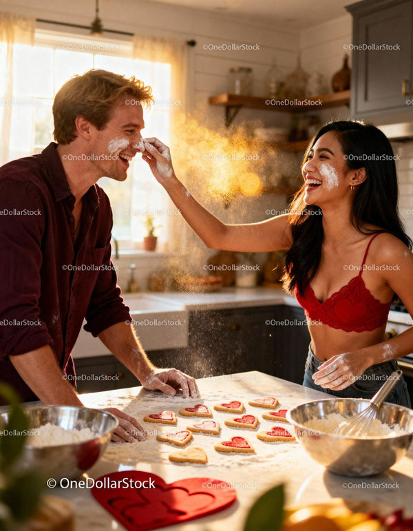 Young Couple Playfully Baking Heart-Shaped Cookies