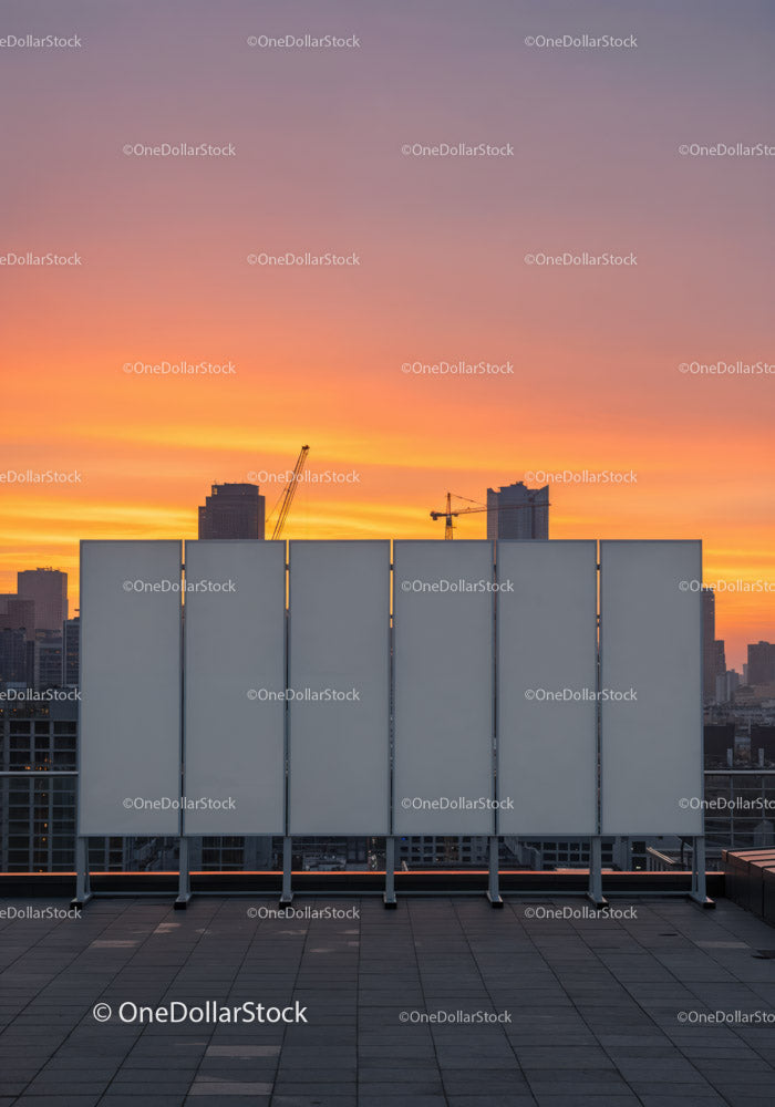 City Skyline with Construction Cranes and Sunset Sky