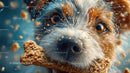 Close-up of a playful dog with water splashes and a cookie in its mouth