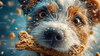 Close-up of a playful dog with water splashes and a cookie in its mouth