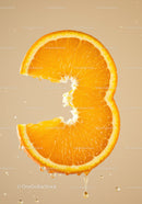 Fresh orange slice shaped like number three with droplets