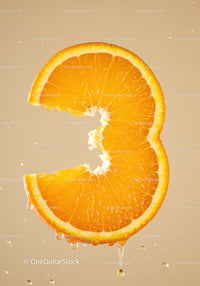 Fresh orange slice shaped like number three with droplets