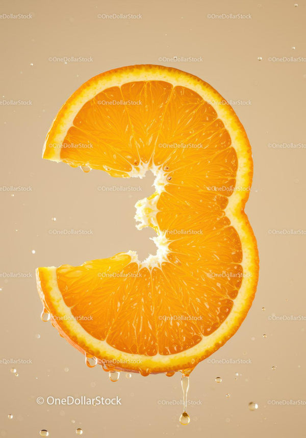 Fresh orange slice shaped like number three with droplets