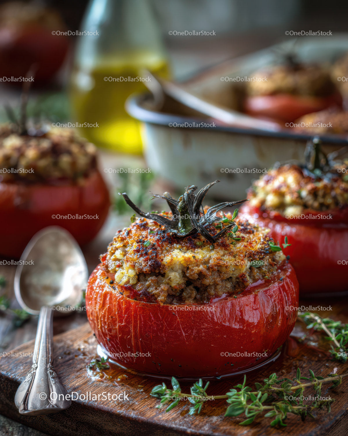 Stuffed Tomatoes with Meat and Herbs on Rustic Wooden Board