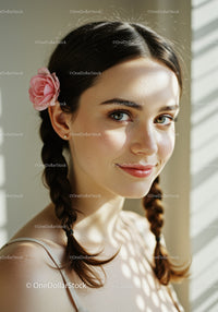 Beautiful Young Woman with Braided Hair and Pink Flower Accessory