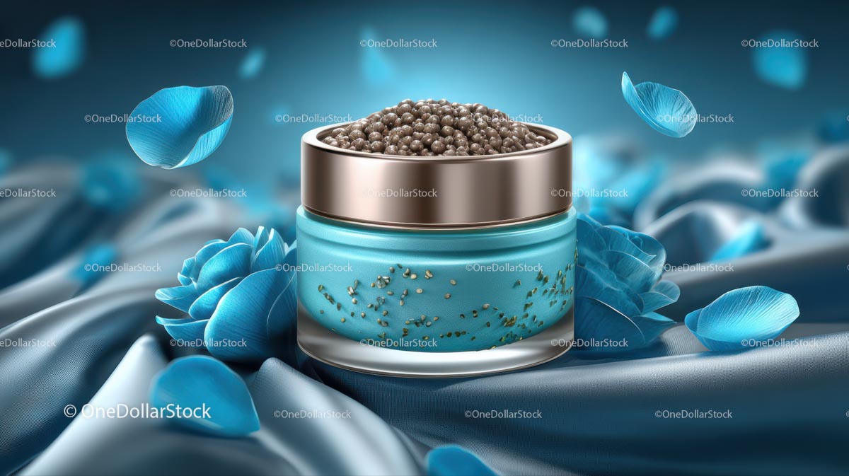 Luxury Blue Cosmetic Jar Surrounded by Elegant Floral Accents