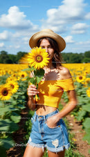 Cheerful Woman with Sunflowers in a Vibrant Summer Field