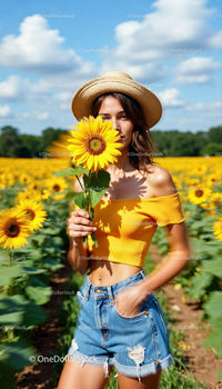 Cheerful Woman with Sunflowers in a Vibrant Summer Field