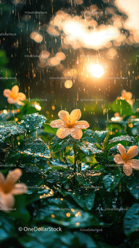 Rain-Soaked Orange Flowers in Lush Green Garden After Rain