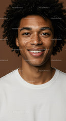 Confident Smiling Young Man with Curly Hair in White T-Shirt