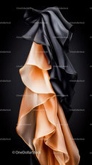 Elegant Black and Beige Satin Fabric with Flowing Ruffles for Fashion