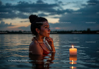 Woman in Black Bikini with Candles Floating in Lake at Sunset