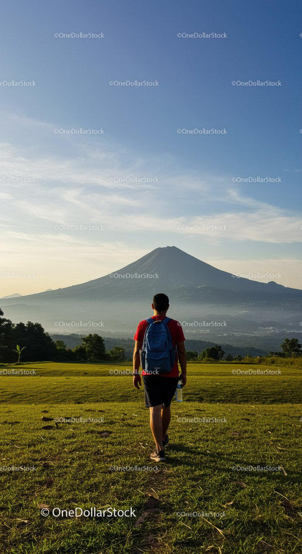 Young man Hiking Toward Mountain Volcano in Scenic Countryside