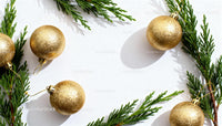 Golden Christmas Ornaments and Green Pine Branches Frame